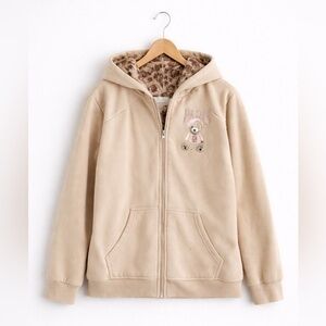 Common Stitch Teddy Bear Beige Zip Up Hoodie Large 14